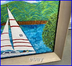 Original Framed Folk Art Painting Clouds Sailboats Lighthouse 25 X 22 Ronnie T