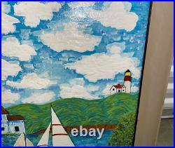 Original Framed Folk Art Painting Clouds Sailboats Lighthouse 25 X 22 Ronnie T