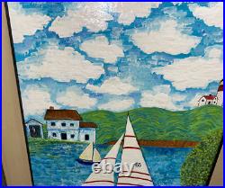 Original Framed Folk Art Painting Clouds Sailboats Lighthouse 25 X 22 Ronnie T