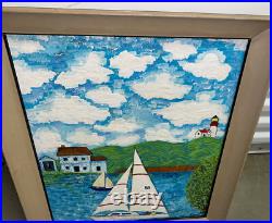 Original Framed Folk Art Painting Clouds Sailboats Lighthouse 25 X 22 Ronnie T
