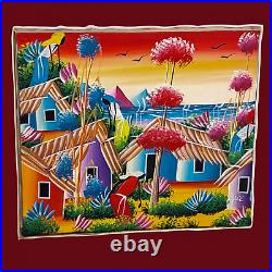 Original Hafe Signed Caribbean Folk Art Painting Vibrant Island Village 12x14