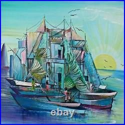 Original Haitian Fine Art Painting Antoine Delalue Fishing Scene Haiti 20x16
