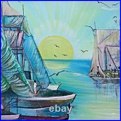 Original Haitian Fine Art Painting Antoine Delalue Fishing Scene Haiti 20x16