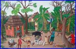 Original Haitian Folk Art Naif Painting HENRY JEHOVA Haiti FAMILY FARM 16X24