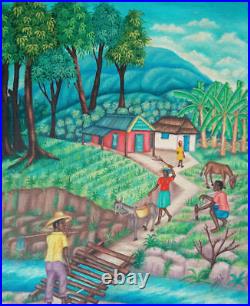 Original Haitian Folk Art Naif Painting JEAN PAUL Haiti Village Harvest 16X20