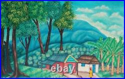 Original Haitian Folk Art Naif Painting JEAN PAUL Haiti Village Harvest 16X20