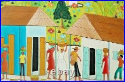 Original Haitian Folk Art Naif Painting by Cyrill Desprez Haiti Village 24X20