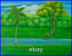 Original Haitian Folk Art Oil Painting By Jonas Exume Haiti Fishing Scene 0810