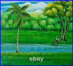 Original Haitian Folk Art Oil Painting By Jonas Exume Haiti Fishing Scene 0810