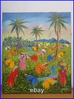 Original Haitian Folk Art Painting MJ ROLAND Haiti HARVEST 20 x 24