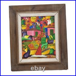 Original Haitian PRIMITIVE ART Painting Market Scene Signed JOSEPH FRITZ