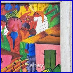 Original Haitian PRIMITIVE ART Painting Market Scene Signed JOSEPH FRITZ