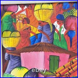 Original Haitian PRIMITIVE ART Painting Market Scene Signed JOSEPH FRITZ