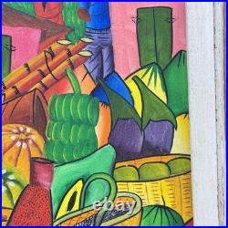 Original Haitian PRIMITIVE ART Painting Market Scene Signed JOSEPH FRITZ