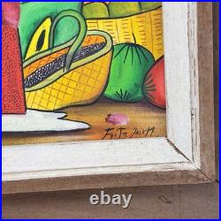 Original Haitian PRIMITIVE ART Painting Market Scene Signed JOSEPH FRITZ