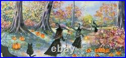 Original Halloween Folk Art Witches Road Forest Path Framed OOAK Magical Art