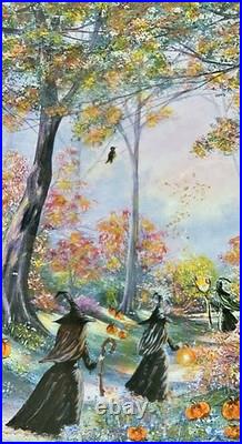Original Halloween Folk Art Witches Road Forest Path Framed OOAK Magical Art