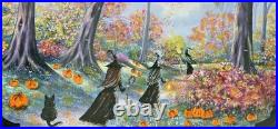 Original Halloween Folk Art Witches Road Forest Path Framed OOAK Magical Art