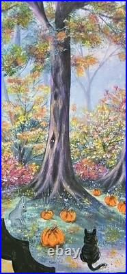 Original Halloween Folk Art Witches Road Forest Path Framed OOAK Magical Art