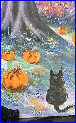 Original Halloween Folk Art Witches Road Forest Path Framed OOAK Magical Art
