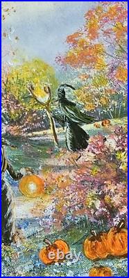 Original Halloween Folk Art Witches Road Forest Path Framed OOAK Magical Art