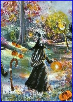 Original Halloween Folk Art Witches Road Forest Path Framed OOAK Magical Art