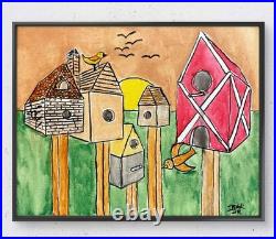 Original Hand Painted 11x14 Folk Art Bird Houses Canvas Signed Acrylic Art
