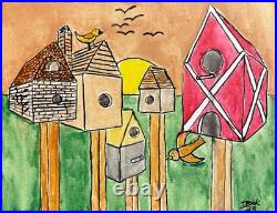 Original Hand Painted 11x14 Folk Art Bird Houses Canvas Signed Acrylic Art