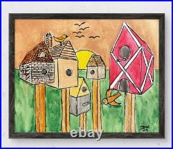 Original Hand Painted 11x14 Folk Art Bird Houses Canvas Signed Acrylic Art