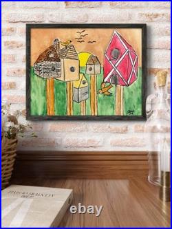 Original Hand Painted 11x14 Folk Art Bird Houses Canvas Signed Acrylic Art
