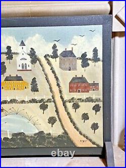 Original Hope R Angier Signed Folk Art Country Church Schoolhouse Oil Painting
