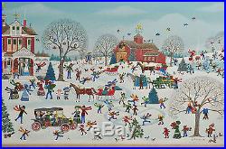 Original Jo Sickbert Folk Art Painting Winter Village Snow Scene