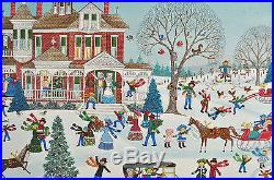 Original Jo Sickbert Folk Art Painting Winter Village Snow Scene