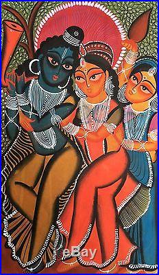 Original Kalighat Patachitra Indian Painting Hindu Gods Krishna Indian Folk Art