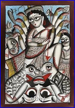 Original Kalighat Pattachitra Indian Painting Hindu Goddess Durga Signed Folk Ar