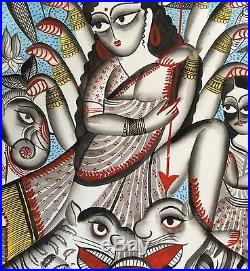 Original Kalighat Pattachitra Indian Painting Hindu Goddess Durga Signed Folk Ar