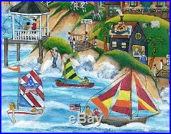 Original Large Folk Art Painting Mermaids Village Seaside Barn Boats Angel
