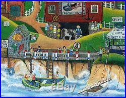 Original Large Folk Art Painting Mermaids Village Seaside Barn Boats Angel