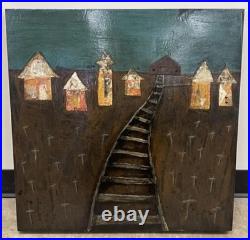 Original Mixed Media Folk Art Painting on Wood Railroad Village 24x24 SIGNED