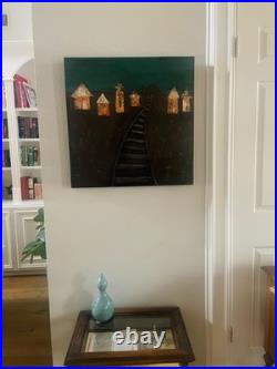 Original Mixed Media Folk Art Painting on Wood Railroad Village 24x24 SIGNED