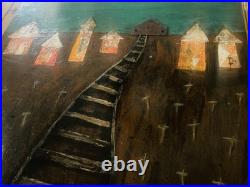 Original Mixed Media Folk Art Painting on Wood Railroad Village 24x24 SIGNED