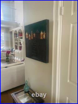 Original Mixed Media Folk Art Painting on Wood Railroad Village 24x24 SIGNED