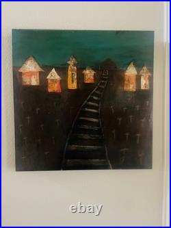 Original Mixed Media Folk Art Painting on Wood Railroad Village 24x24 SIGNED