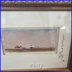 Original Mongolian Watercolor Signed Framed Yurts Horses Camels Nomad Camp