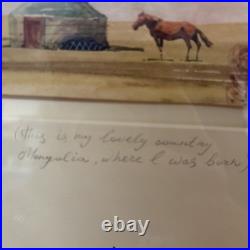 Original Mongolian Watercolor Signed Framed Yurts Horses Camels Nomad Camp
