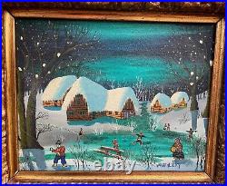 Original Naive Art Painting by Zabehlicky. Winter Scene. Decorative Gold Frame