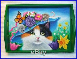 Original OOAK kitten cat mouse Easter bonnet wood tray folk art painting