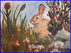Original Oil Painting Bunny Rabbit Garden Visitor Folk Art 16x12 Cottagecore