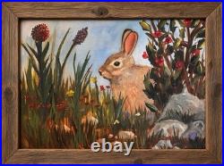 Original Oil Painting Bunny Rabbit Garden Visitor Folk Art 16x12 Cottagecore