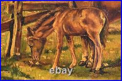 Original Oil Painting Folk Art Landscape with Horses 1896